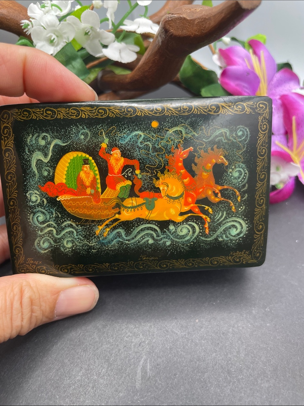 Troika Russian Lacqure hand painted trinket box vintage